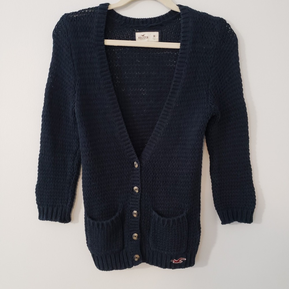 Vintage Hollister Preppy Y2K Cardigan Sweater Medium Old Money 3/4 Sleeve Blue